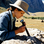 **A geologist in the field, examining a rock formation with a geological hammer and magnifying glass. Background: a sunny, mountainous landscape.** (Focus: Geologist at work, emphasizing fieldwork)