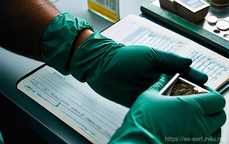 지구과학자 실기 시험 준비 - **Prompt: "A close-up, highly detailed shot of a skilled geoscientist's hands carefully performing m...