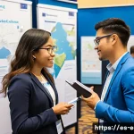 지구과학자 취업을 위한 네트워킹 팁 - A professional networking scene at a scientific conference focused on Earth sciences, showing divers...