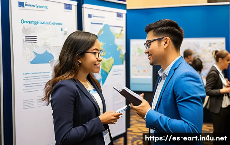 지구과학자 취업을 위한 네트워킹 팁 - A professional networking scene at a scientific conference focused on Earth sciences, showing divers...