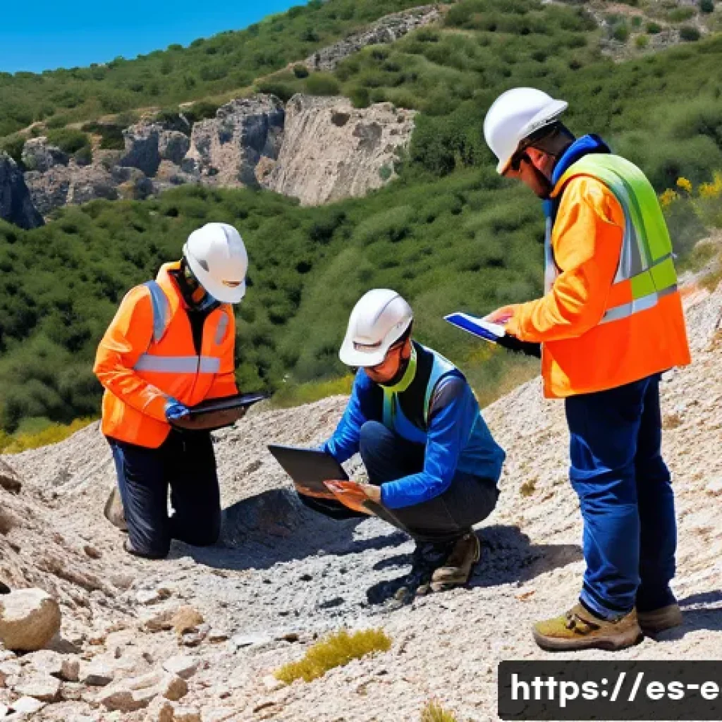 지구과학자 기업 연수 프로그램 - A professional geoscientist team conducting a topographic survey in a rugged mining area in Spain, u...