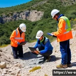 지구과학자 기업 연수 프로그램 - A professional geoscientist team conducting a topographic survey in a rugged mining area in Spain, u...