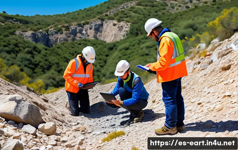 지구과학자 기업 연수 프로그램 - A professional geoscientist team conducting a topographic survey in a rugged mining area in Spain, u...