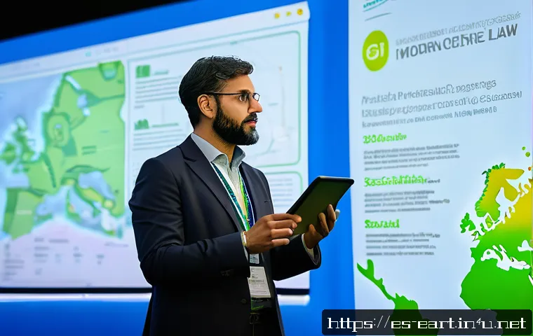지구과학자 이직 시 고려사항 - A professional Spanish geoscientist attending an environmental conference in Madrid, networking with...