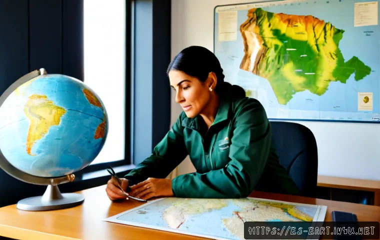 지구과학자 산업 동향 - Photorealistic environmental geoscientist in a modern renewable-energy research office in Madrid, Sp...